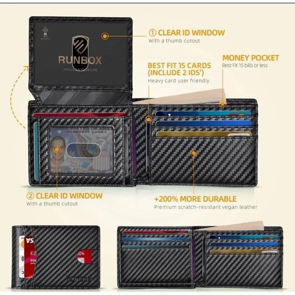 RUNBOX Slim RFID Leather Wallet for Men with 2 ID Windows, Minimalist Bifold